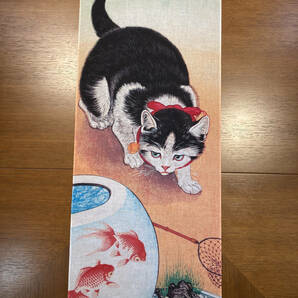 金魚鉢に猫 小原古邨 手ぬぐい 木版画 浮世絵 サイズは約85cm 35cmの画像1