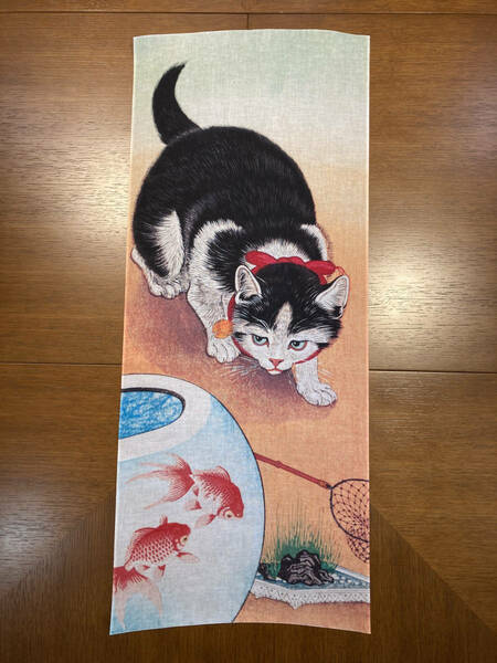 金魚鉢に猫 小原古邨 手ぬぐい 木版画　浮世絵　サイズは約85cm 35cm