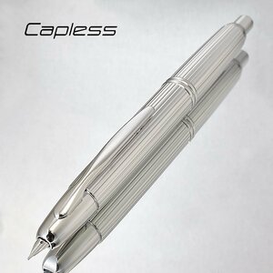 ◆●ノック式万年筆【PILOT/パイロット】Capless /キャップレス ストライプ 18金 F 細字 ロジウム仕上げ シャッター機構 展示品 訳有/K306*