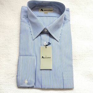 未使用 定価12,000円 アクアスキュータム Aquascutum Lサイズ メンズ ワイシャツ 長袖シャツ 青 白 ストライプ柄 40-84 綿 100% 日本製