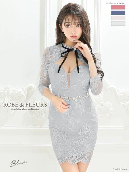 ROBE de FLEURS ローブドフルール キャバドレス ナイトドレス ミニドレス ワンピース 七分袖 長袖 Ｓサイズ ブルー 青 レース