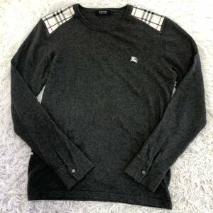 【高級 カシミヤ】バーバリーブラックレーベルBURBERRYBLACK LABEL ニット セーター ホースロゴ 2 M相当 グレー ウール 秋冬 ユーネック 