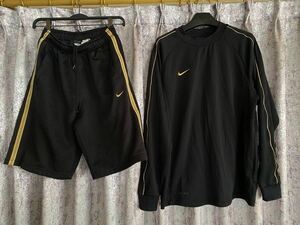 NIKE ナイキ 上下セット ジャージ ロンT 長袖 シャツ パンツ セットアップ ハーフパンツ 黒金 サッカー スポーツ ジム トレーニング