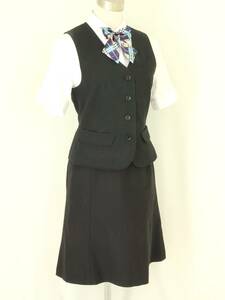 13号 SELERY ブラック 縦 ストライプ 事務 新品◆OL制服 / 事務服◆ ベスト, スカート 上下セット, 新品ブラウス, 新品リボンのオマケ付