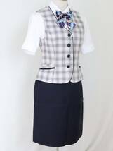 11号 SELERY ピンク チェック 事務 中古◆OL制服 / 事務服◆ ベスト, スカート（お任せ） 上下セット, 中古ブラウス, 新品リボンのオマケ付_画像1