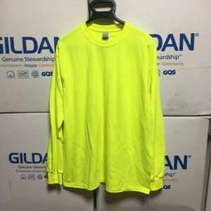 GILDAN セーフティグリーン XLサイズ 蛍光 ネオンイエロー ロンT 長袖無地Tシャツ ポケット無し 6.0oz ギルダン