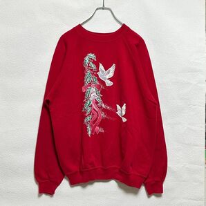 古着 Hanes ヘインズ 鳥プリントクルーネックスウェット 80s 裏起毛 XL 赤 レッド USA製 vintage Used