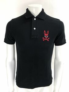 【USED】Psycho Bunny サイコバニー 綿 半袖 ポロシャツ ロゴ刺繍 うさぎ ブラック 黒 メンズ XS ゴルフウェア