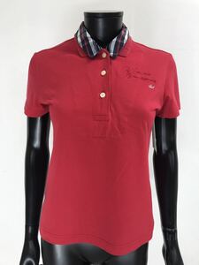 【USED】23区SPORT 綿 二重襟 半袖 ポロシャツ 刺繍 チェック柄 レッド 赤 レディース L ゴルフウェア