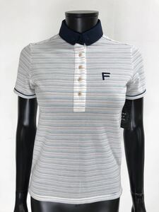 【未使用】FIDRA フィドラ ポリエステル ボタンダウン 半袖 ポロシャツ ロゴ刺繍 ボーダー ホワイト 白 レディース S ゴルフウェア