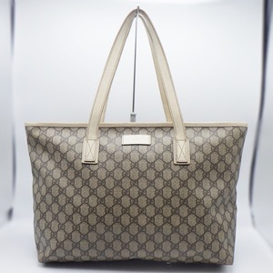 C23-580 GUCCI グッチ 211137 GGスプリーム トートバッグ ベージュ アイボリー PVC×レザー A4サイズ収納可 中古品 メンズ レディース