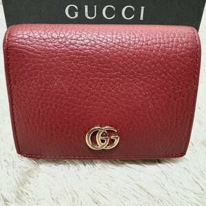 GUCCI グッチ 二つ折り財布 コンパクト　ウォレット　ジップ　マーモント　本革　レザー　ゴールド　レッド　レディース