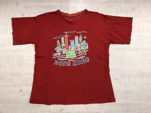 亜細亜古着 香港 HONG KONG イラスト プリント オールド レトロ スーベニア お土産 半袖Tシャツ メンズ 赤