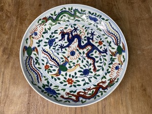 大明萬暦年製 色絵 大皿 鳳凰 龍 五彩 中国美術 直径27㎝ 飾り皿 大鉢