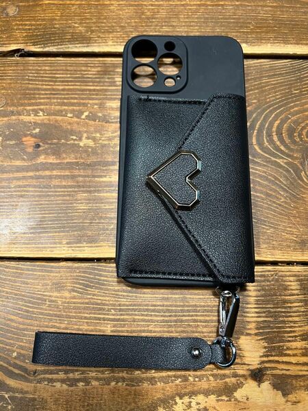 iPhone13promax ケース ハート カードケース付き ブラック マット カバー ストラップ付き
