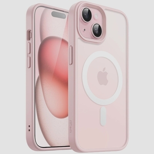 送料無料★iPhone 15 Plus マグネット ケース MagSafe対応 半透明マット背面 耐衝撃 カバー (ピンク)