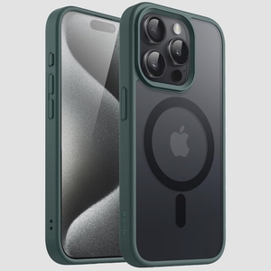 送料無料★iPhone 15 Pro マグネット ケース MagSafe対応 半透明 マット背面 薄型 (濃い緑色)