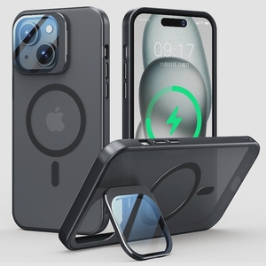 送料無料★iPhone 15Plusケース レンズ保護+スタンド一体 MagSafe ワイヤレス充電 マット半透明 (ブラック)