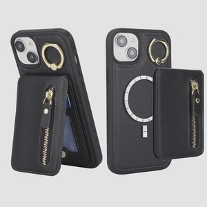 送料無料★iphone15plus Magsafe対応 リング 背面 カード 収納袋 レンズ保護 ワイヤレス充電 (ブラック)