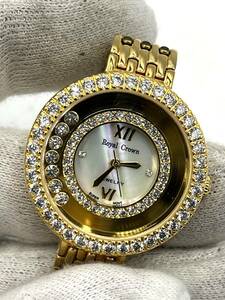 【電池切れ】Royal crown　ロイヤル クラウン　シェル文字盤　ゴールド　ラインストーン　腕時計　ケース：3.0　腕回り：17.7
