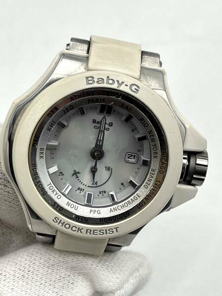 【不動】CASIO カシオ Baby-G ベビージー 電波ソーラー 腕時計 シルバー文字盤 デイト ホワイト系 ボーイズサイズ BGA-1300