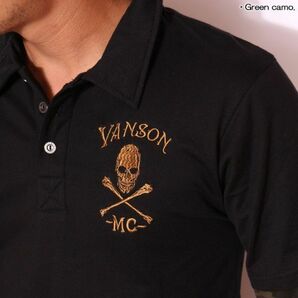 当店別注 VANSON バンソン フェイクレイヤード 長袖 ポロシャツ ブラック×袖グリーンカモ【Mサイズ 】NVPS-519 バイカー アメカジ 刺繍の画像3