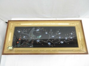 02Y021 【 中古品 】 当時物 貴石画 宝石画 ウグイス＆梅絵 [ 縦(約)42.5cm / 横(約)93cm / 奥行(約)5cm ] 現状渡し