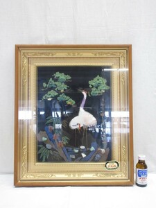 02Y020 【 中古品 】 当時物 貴石画 宝石画 鶴＆松絵 [ 縦(約)57cm / 横(約)48cm / 奥行(約)5cm ] 現状渡し