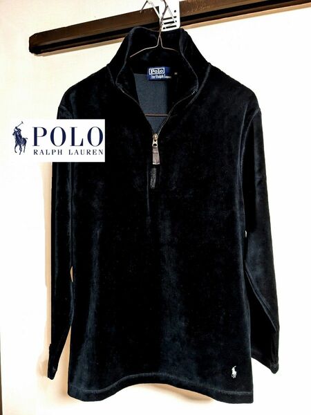 ポロ ラルフローレン ベロア シャツ 90's Polo Ralph Lauren ハーフジップ 長袖 ロゴ ワンポイント M