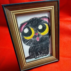 YELLOW　EYES（真作）　オイルパステル　クレパス　黒猫　猫の絵　猫　額縁　動物画　インテリア