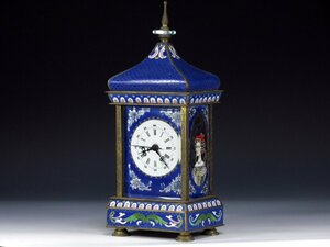 中国古玩 時代銅製七宝置時計 28cm 中華人民共和国制造 手巻時計 飾時計 置物 唐物 中国美術 稼動品 918