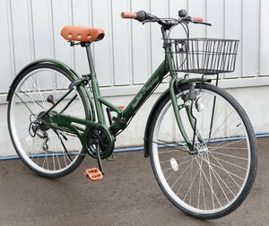 【訳あり未使用アウトレット品】26インチ折り畳み軽快自転車Shimano外装6段変速シティーサイクル　モスグリーン【SK10449】