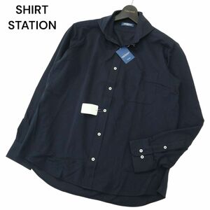 【新品 未使用】 SHIRT STATION シャツステーション 通年 長袖 鹿の子 ホリゾンタルカラー シャツ Sz.L84　メンズ ネイビー　A4T01375_2#C