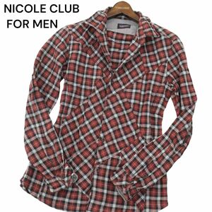 NICOLE CLUB FOR MEN ニコルクラブ フォーメン 通年 襟ワイヤー★ 切替デザイン 長袖 チェック シャツ Sz.48　メンズ　A4T01318_2#C