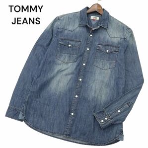 TOMMY JEANS トミーヒルフィガー 通年 USED加工★ ロゴ刺繍 長袖 ウエスタン デニム シャツ Sz.XL メンズ 大きいサイズ A4T01646_2#Cの画像1