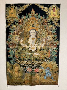 タンカ刺繍　四臂観音（しひかんのん）　／曼荼羅　タンカ　仏教　チベット密教　チベット　仏教美術　チベット仏教　仏画