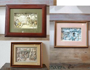 ○英国製　demainデコパージュ　額入りの立体画3個セット　anton pieck　シャドーボックス　古道具のgplus広島 2402i