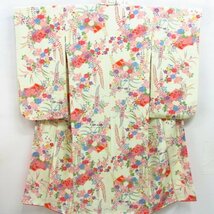 ★着物10★ 1円 絹 子供着物 ジュニア用 女の子用 縮緬 襦袢セット 袷 身丈140cm 裄59.5cm [同梱可] ☆☆_画像2