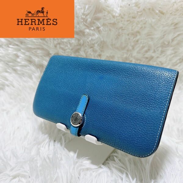 HERMES エルメス ドゴン ロング エバーカラー 財布 ブルー ドゴンGM ロングウォレット レザー 刻印