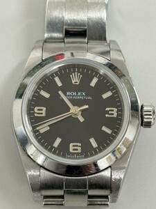 ROLEX ロレックス オイスターパーペチュアル 76080 レディース 黒文字盤 AT オートマ 腕時計 動作品 箱付 コマ付 P番