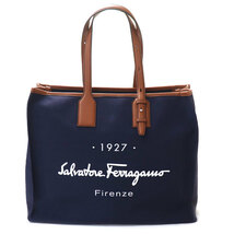 Salvatore Ferragamo サルヴァトーレフェラガモ キャンバストート トートバッグ ネイビー 24 0842/00 大容量 ユニセックス 中古_画像1