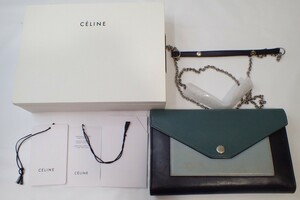 k3885 / CELINE セリーヌ チェーンウォレット ショルダーバッグ グリーン ネイビー タグ付 箱付 現状品