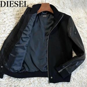 美品 DIESEL ディーゼル メンズ ドライバーズニット ゴートスキン レザー 本革 切り替え M相当 ジップアップ ワッペン ブルゾン ジャケット