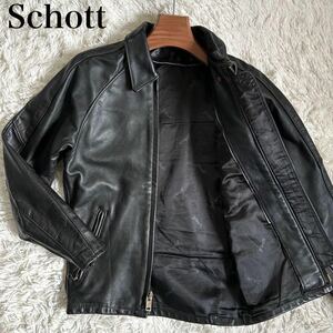 美品 ショット Schott メンズ ライダースジャケット シングル 34 本革 レザー 黒 ブラック ジップアップ ベルト 裏地 ヴィンテージ 古着