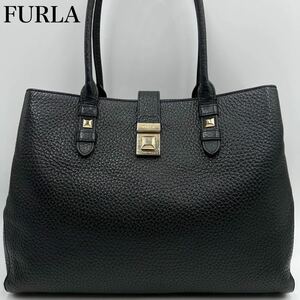 美品 A4可 FURLA フルラ ジョアン メンズ レディース トートバッグ ビジネス シボ革 肩掛け ショルダー ゴールド金具 黒 ブラック フラップ