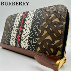 BURBERRY バーバリー メンズ TBモノグラム ラウンドジップ 長財布 小銭入れ 総柄 PVC レザー 本革 マルチカラー 茶 ブラウン ゴールド金具