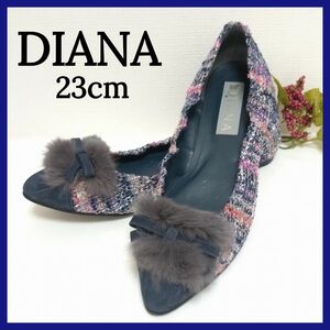 【美品】DIANA　ダイアナ　ツイード ファー付 ローヒールパンプス　リボン