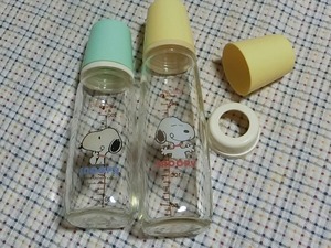  at that time thing ultra rare Pigeon Snoopy feeding bottle 2 piece set Pigeon glass preliminary cover equipped retro 
