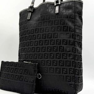 240151 美品●フェンディ FENDI トートバッグ ハンドバッグ ズッキーノ ズッカ 総柄 レザー キャンバス A4 ポーチ付 黒 ブラック 肘掛け