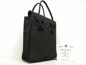 ◆PRADA プラダ◆フラワーモチーフ◆ナイロン サテン ベロア◆ミニ ハンド バッグ◆ブラック SV金具◆イタリア製◆ヴィンテージ◆A3855